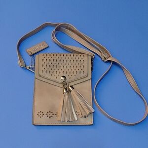SEOSTO Women's Small Tasselled Crossbody Bag with Laser Cut Details , Tan